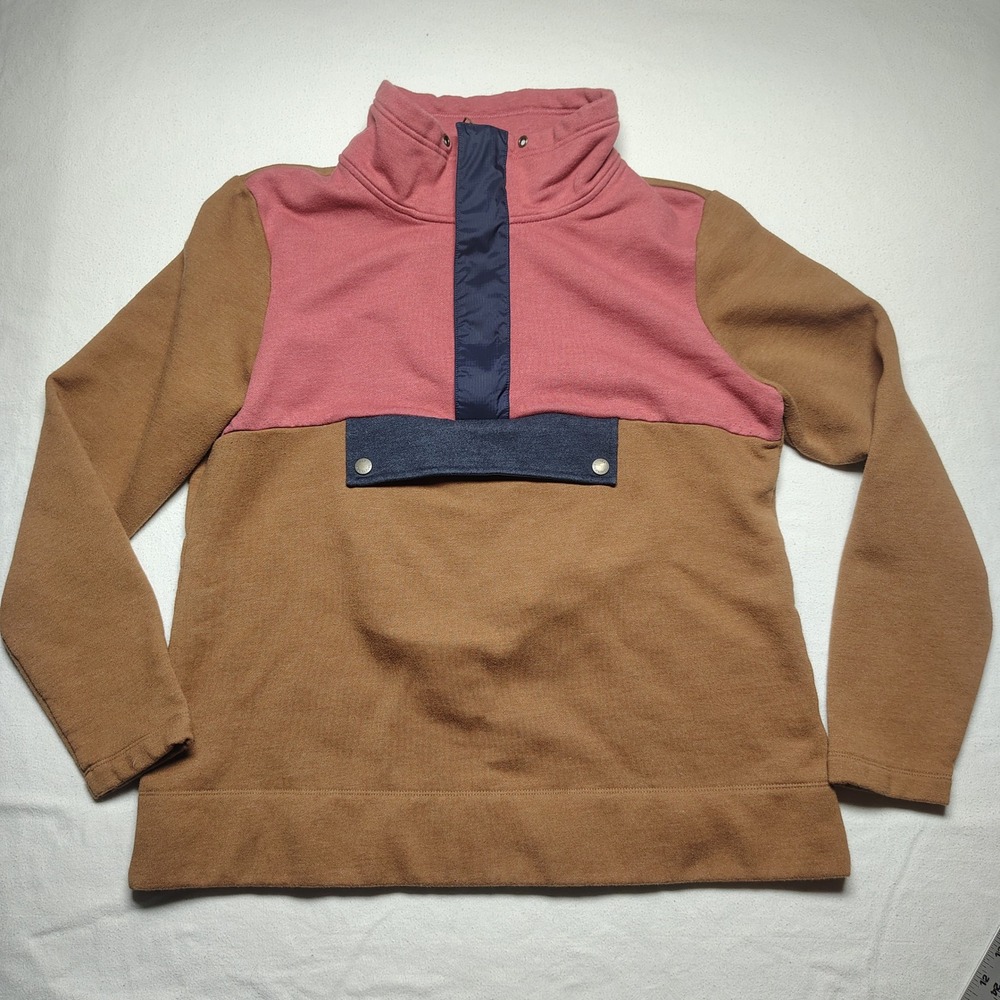 L.L. Bean Signature Womens Pullover Large Brown Pink Colorblock Snap Neck Fleece